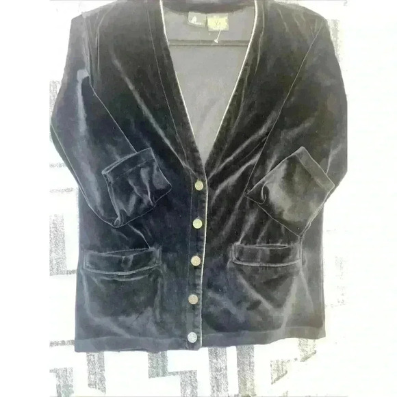 Vintage Liz Sport Black Velvet Blazer Jacket Sz L Gold Trim Crested Buttons 251H - Picture 11 of 13